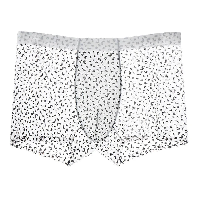 Men's ice silk boxer shorts showing camouflage, leopard print, zebra stripe, and geometric patterns.