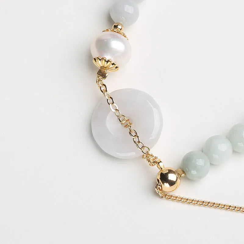 Women's jade pearl bracelet with geometric design and peace buckle closure in Chinese national style