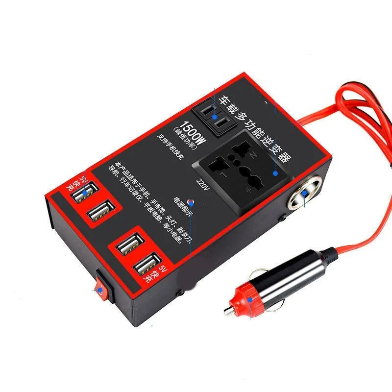 Black automotive power converter with UK 3-pin socket and four USB ports for 12V/24V vehicles.