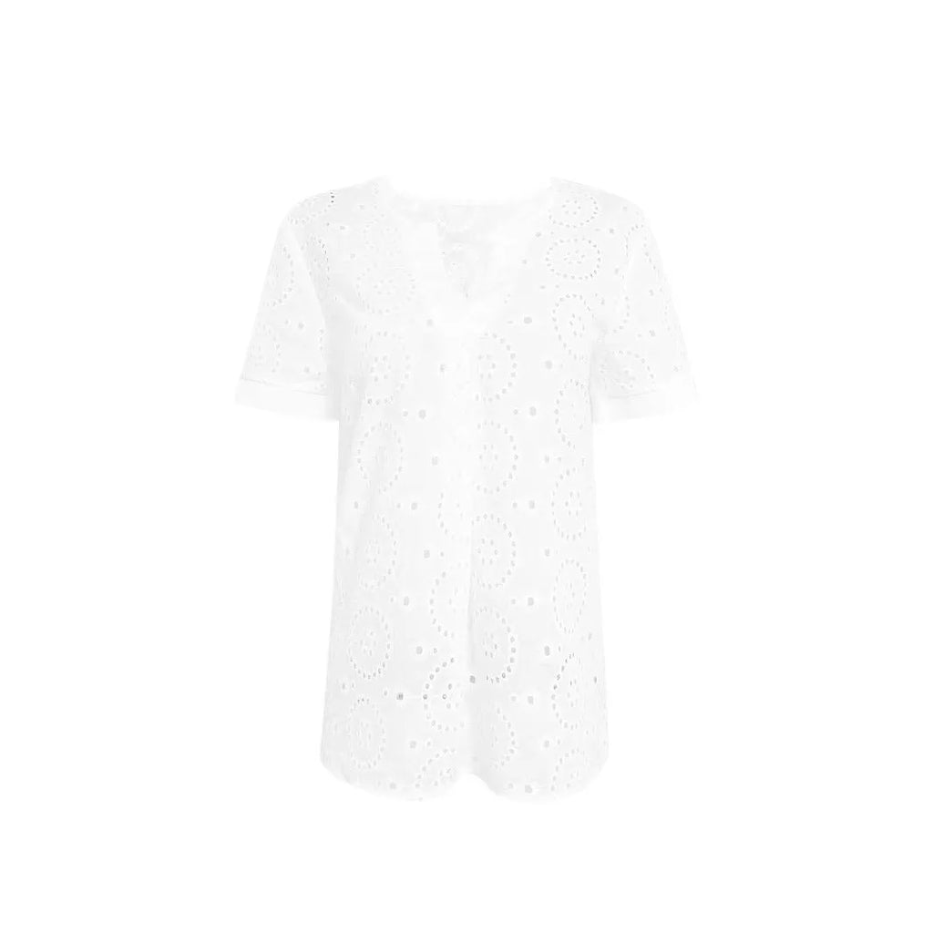 White V-neck t-shirt with hollow French style details and loose casual fit