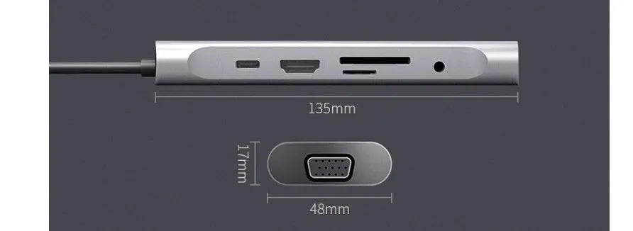 Grey aluminium USB-C docking station with HDMI, VGA, USB 3.0, and USB-C PD charging ports.
