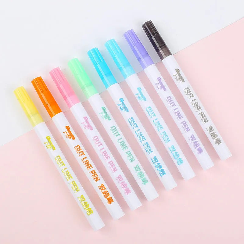 Set of eight fluorescent marker pens in a plastic storage case, showing bright colours and 2mm tips.