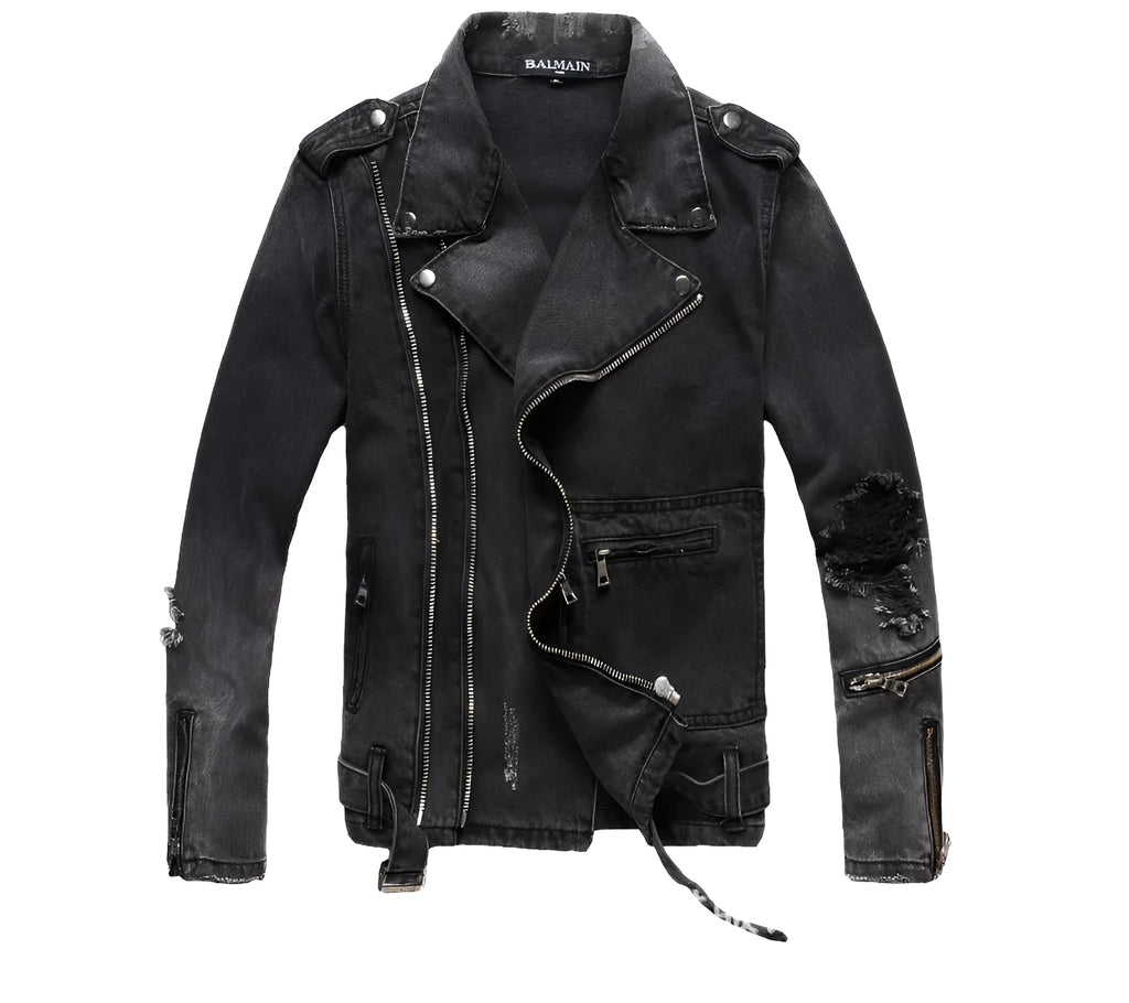 Black slim fit linen denim jacket with zipper front, zipper pockets, and lapel collar on a person