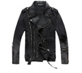 Black slim fit linen denim jacket with zipper front, zipper pockets, and lapel collar on a person