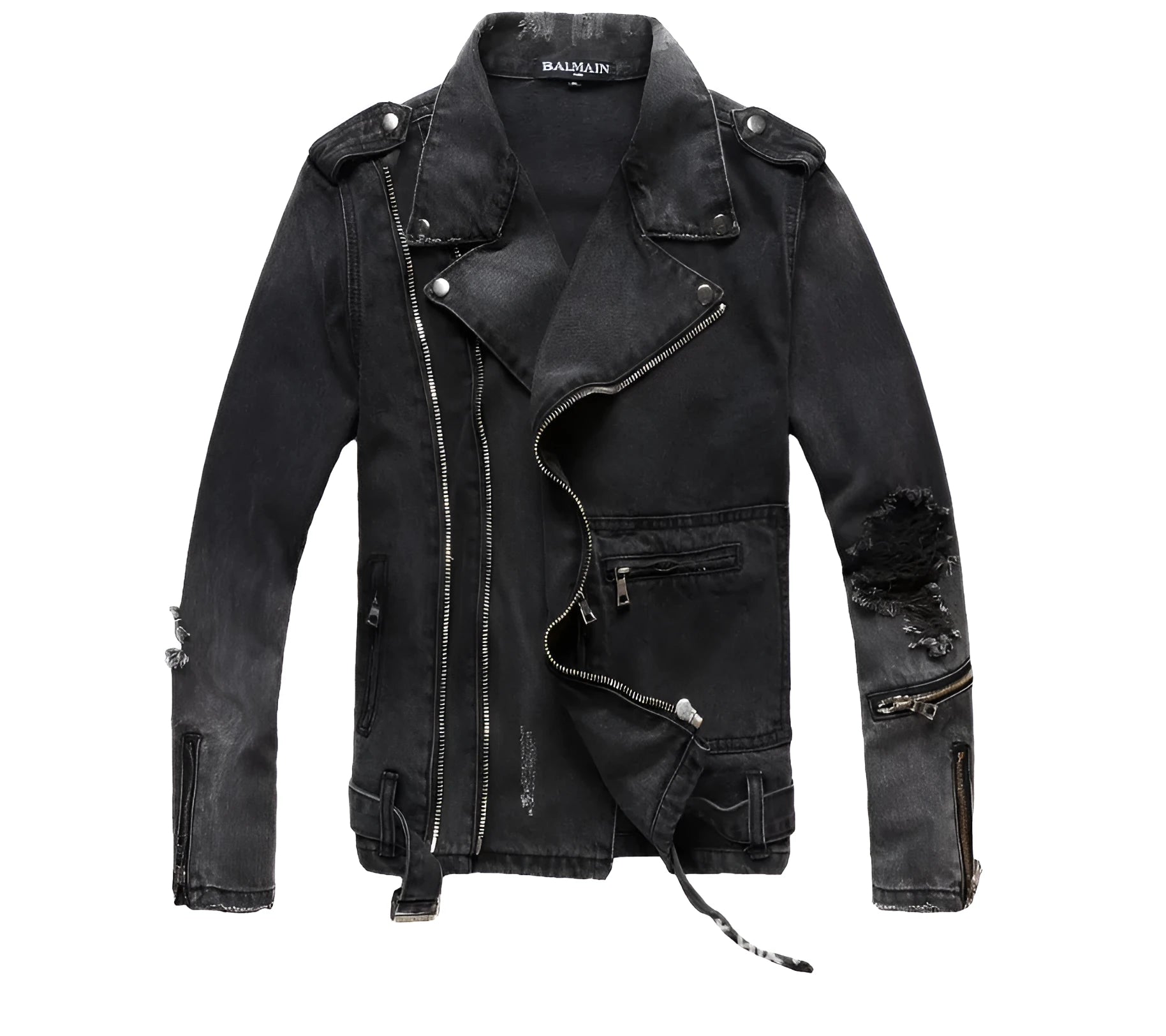 Black slim fit linen denim jacket with zipper front, zipper pockets, and lapel collar on a person