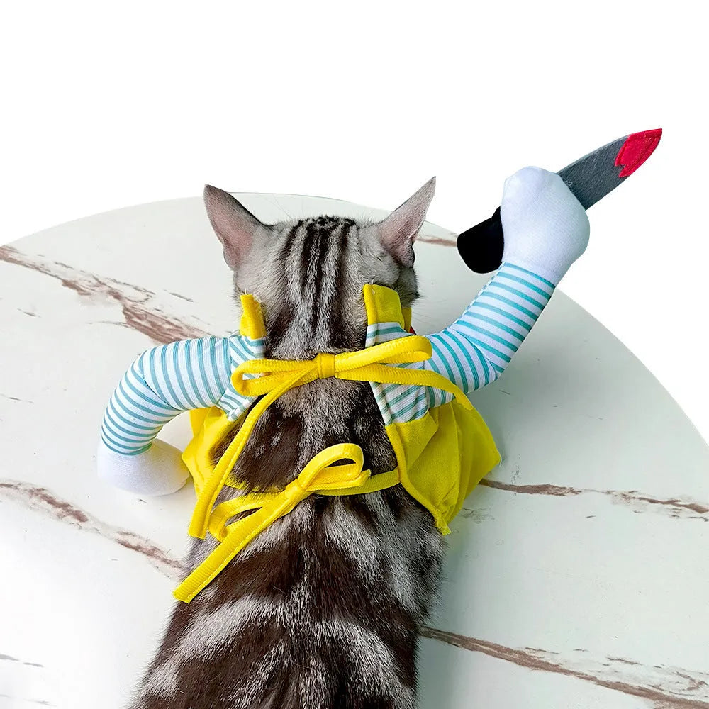 Yellow knife assassin design cat costume in polyester fabric on feline model