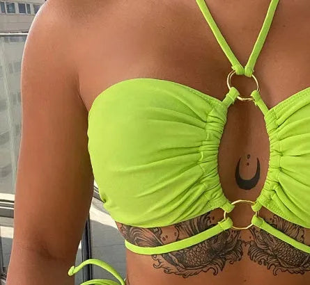 Yellow green women's lace-up triangle bikini swimsuit with matching t-pants