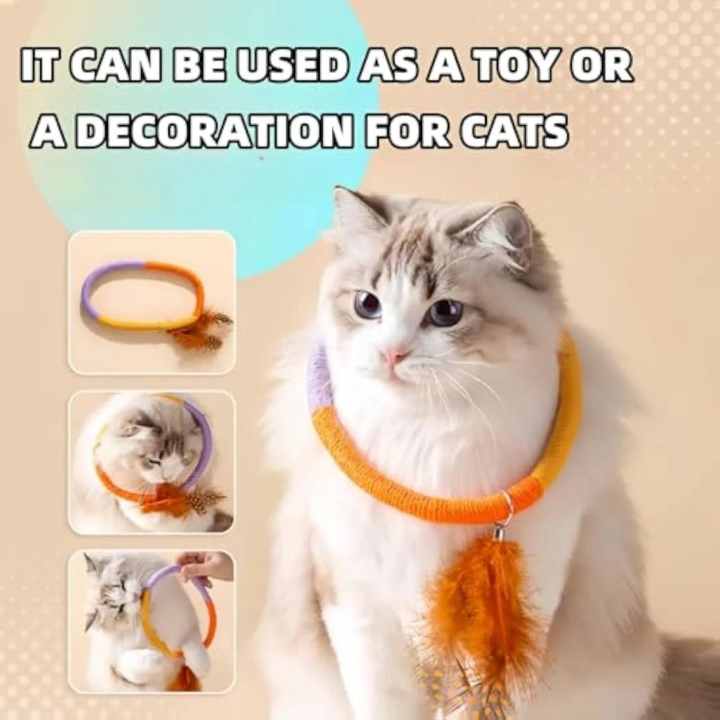 Green circular cotton rope cat toy with feathers and catnip for safe chewing