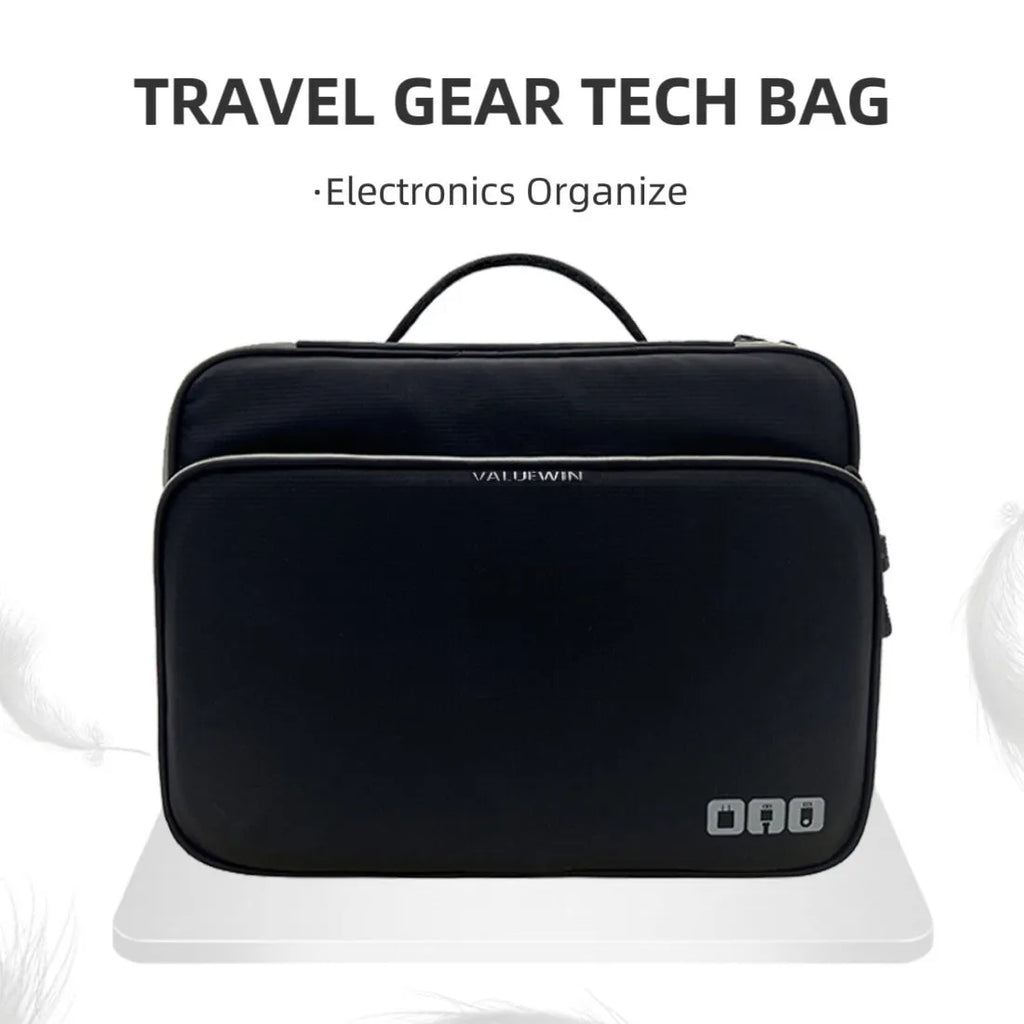 Grey three-layer travel storage bag with waterproof polyester construction and sewing line detailing