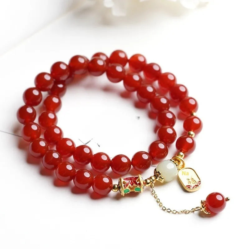 Women's red agate and Hetian jade beads bracelet with gold plating in three design options