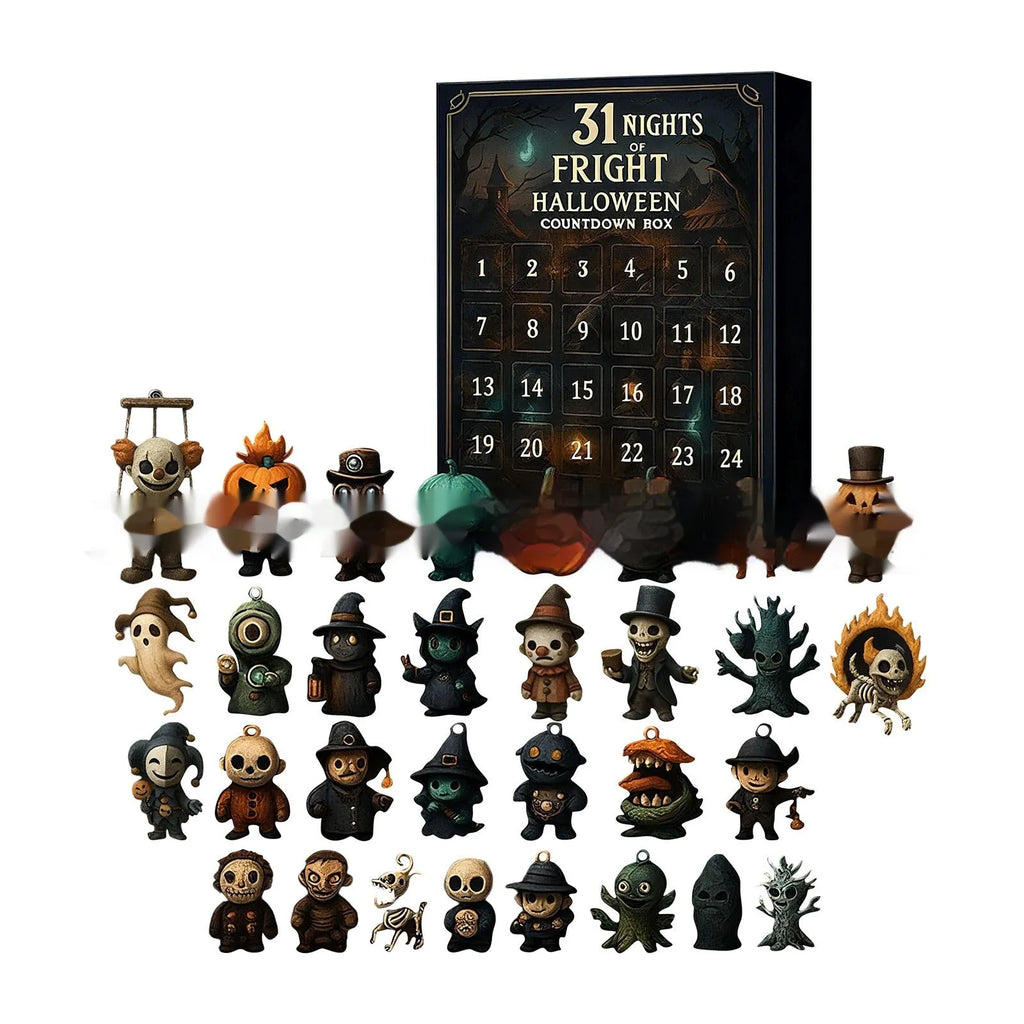 Halloween horror advent countdown blind box with resin doll, available in 7, 15, and 31-night styles.