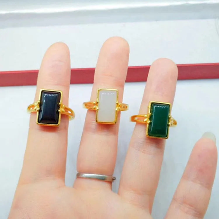 Brass gold-plated adjustable live ring with electroplated finish and artificial gemstone inlay options