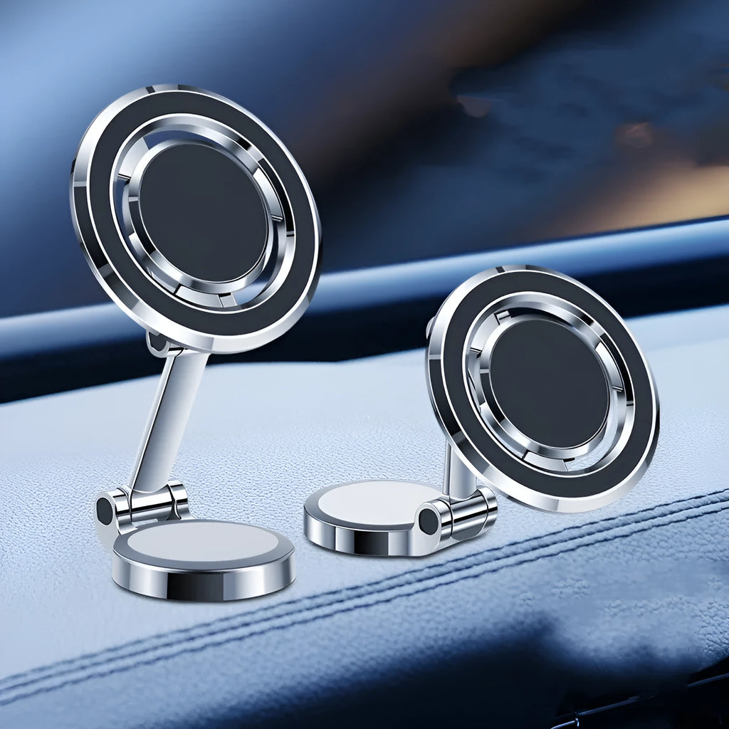 Obsidian black car phone holder with magnetic adhesive base mounted on a dashboard, showing 360-degree adjustable bracket.
