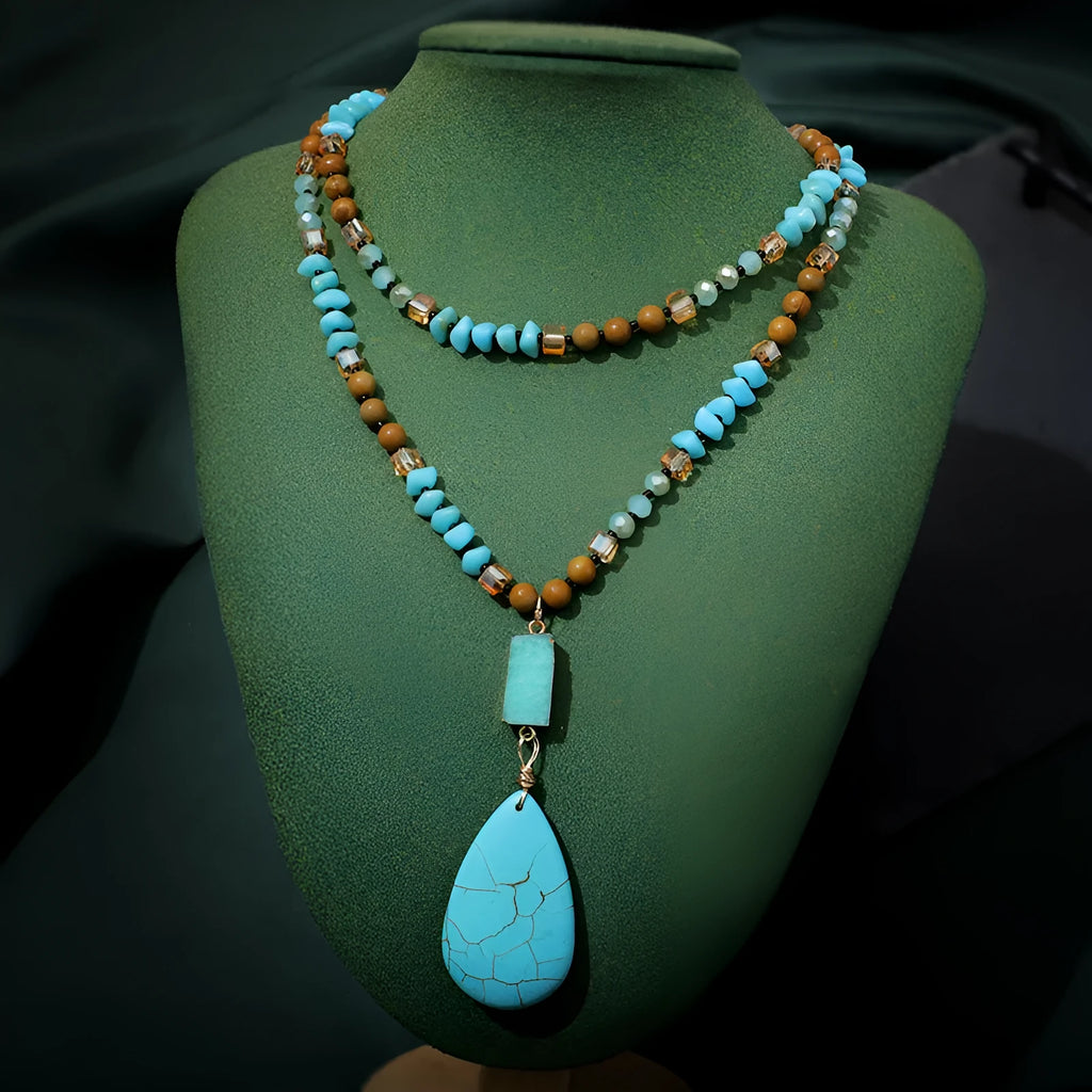 Turquoise blue water drop pendant necklace with mixed gem inlaid and ball bead chain