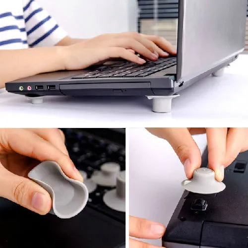 Four grey plastic non-slip cooling pads for laptops, shown in two different sizes.