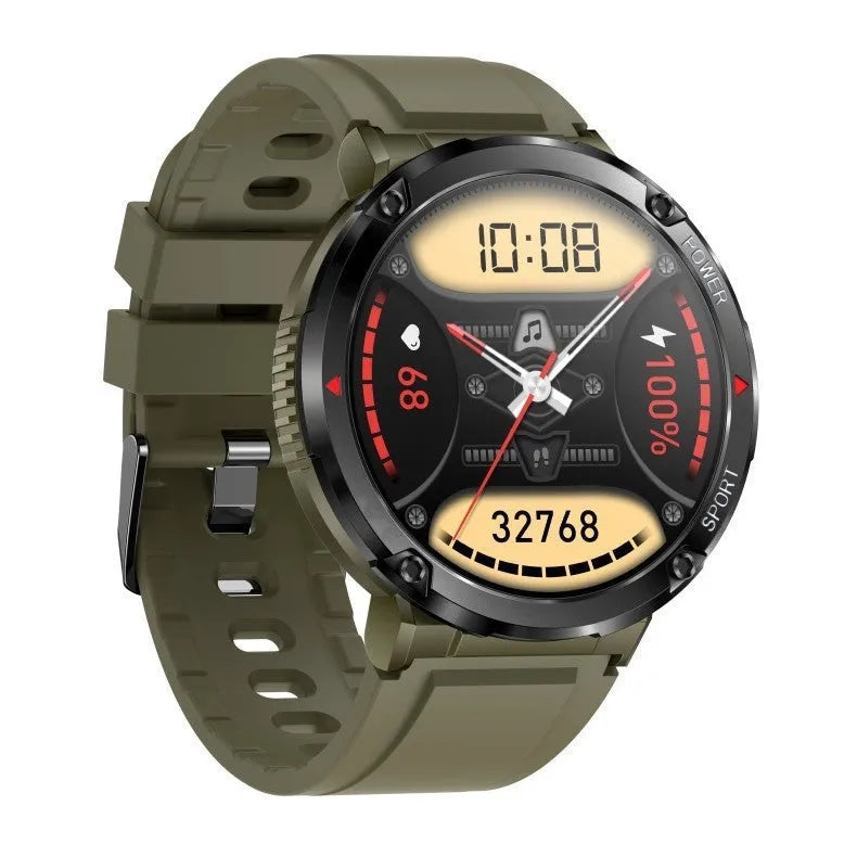 T30 Smart Watch with black silicone strap showing 52mm IPS touch screen displaying time and heart rate.