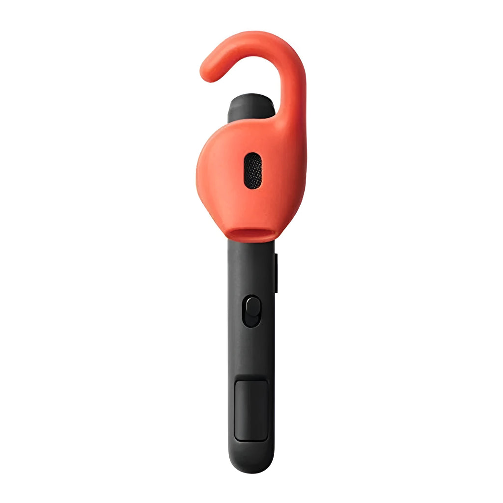 Black Bluetooth earphones with behind-the-ear design showing earpiece and microphone