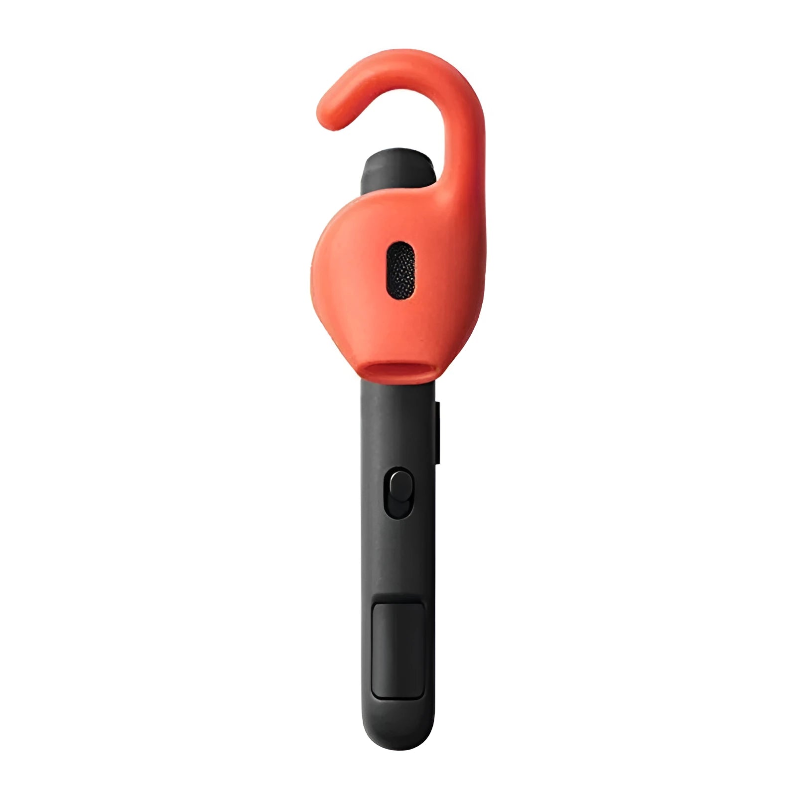 Black Bluetooth earphones with behind-the-ear design showing earpiece and microphone