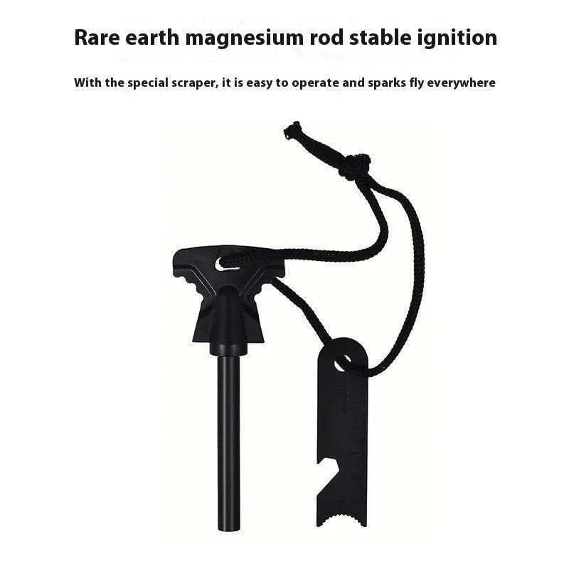 Butterfly-shaped stainless steel survival tool with fire starter and bottle opener, shown with dimensions.