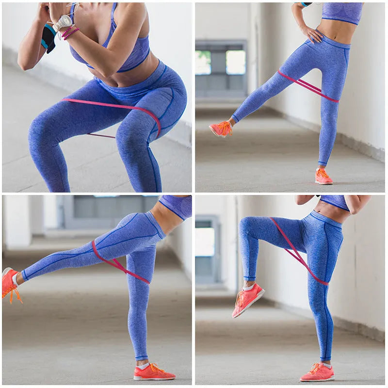 Five pink gradient latex yoga tension bands with varying thickness for resistance training
