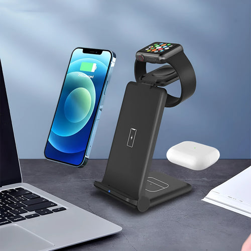 Black and white 3-in-1 foldable wireless charging station for phone, watch, and earbuds.