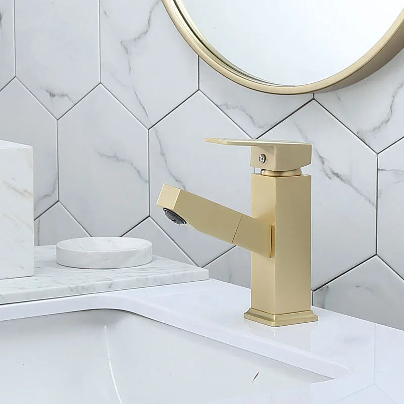 Square pull faucet with brass construction and brushed gold finish for hot and cold water control