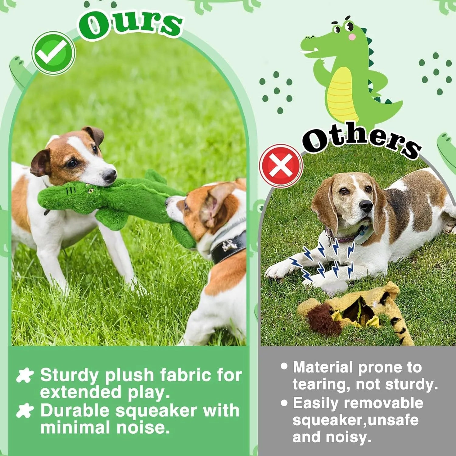 Green crocodile plush dog toy with no stuffing, showing squeaker in head and crinkle paper tail