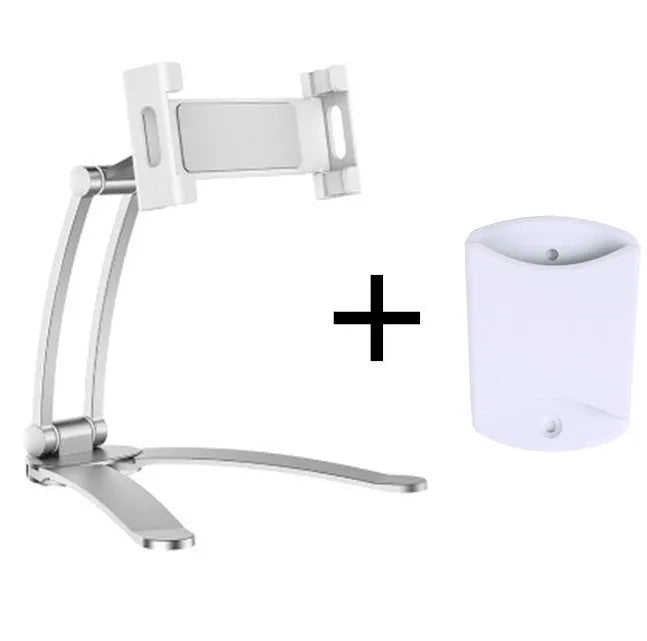 Silver and black aluminium alloy desktop tablet stand with adjustable arm and dual clamps.