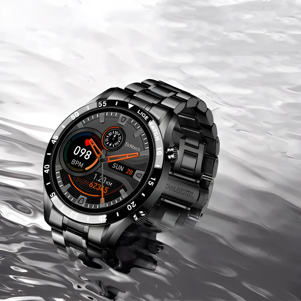Silver stainless steel smart watch with black touch screen displaying step count