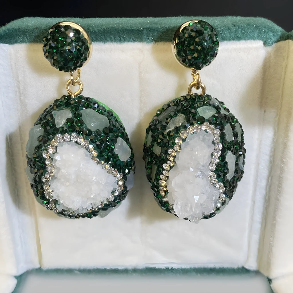 Dark green copper drop earrings with crystal bud and inlaid emerald, geometric style for women