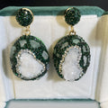 Dark green copper drop earrings with crystal bud and inlaid emerald, geometric style for women