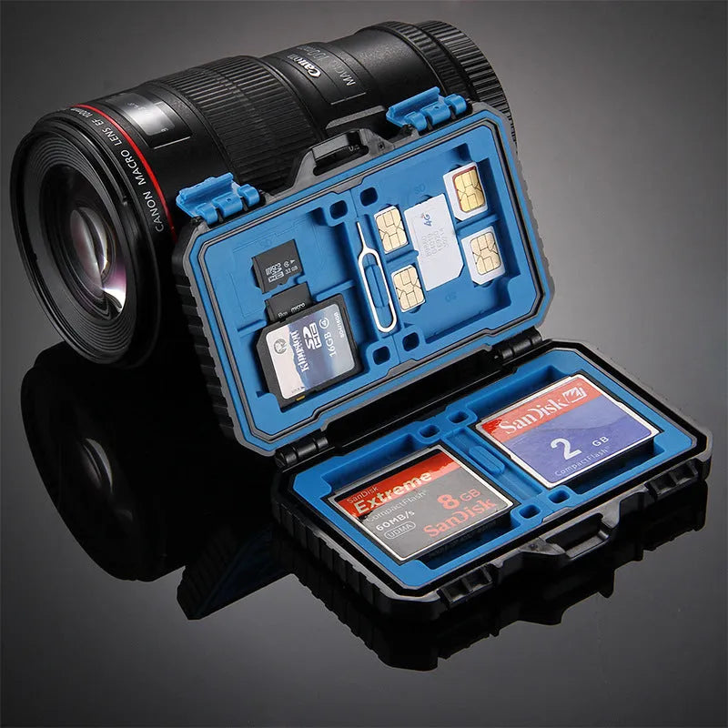 Black waterproof memory card case open showing compartments for CF SD TF SIM cards