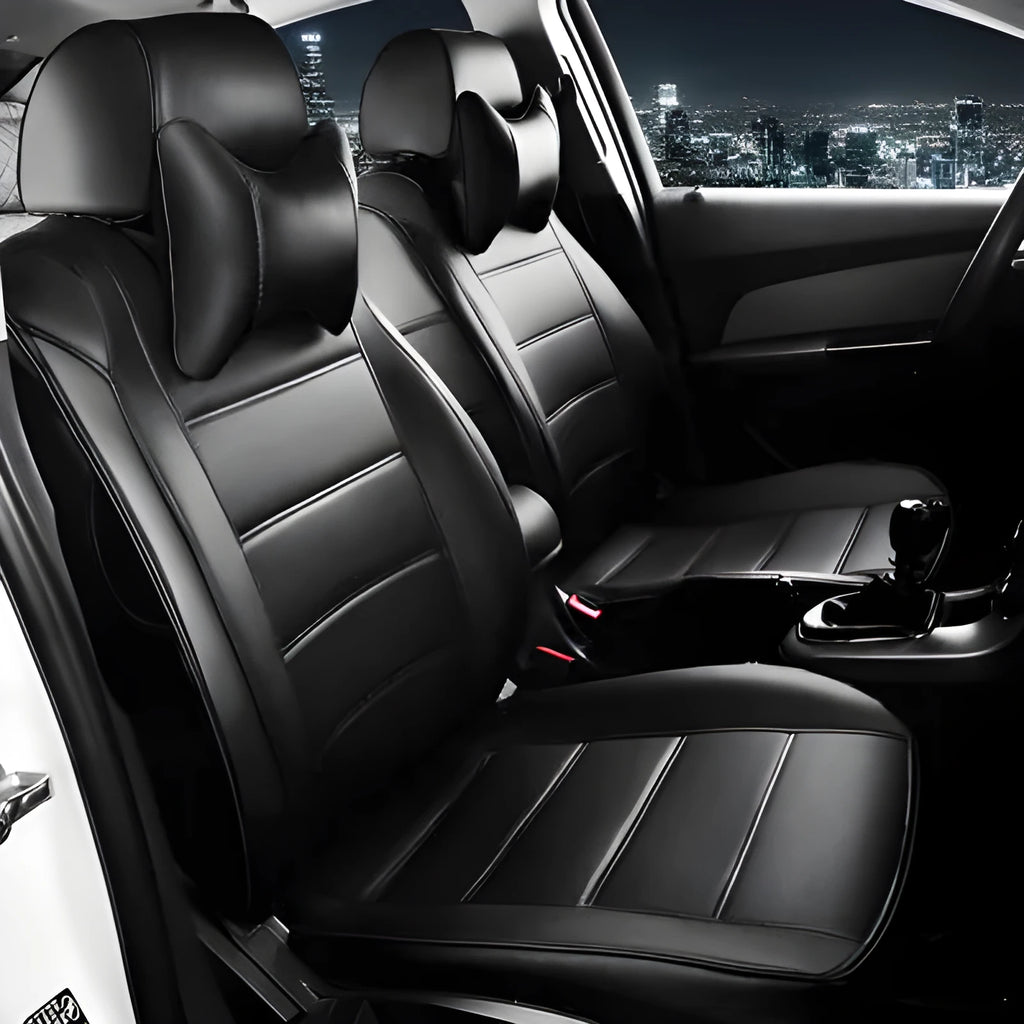 Cow leather car seat cover in binding style, shown in beige and black with red line colour options.
