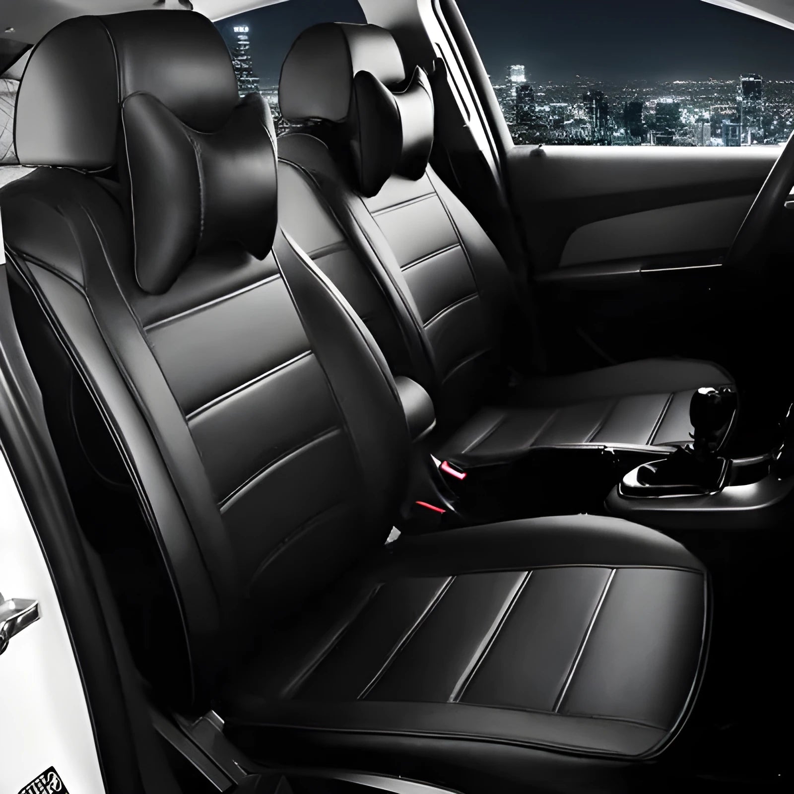 Cow leather car seat cover in binding style, shown in beige and black with red line colour options.