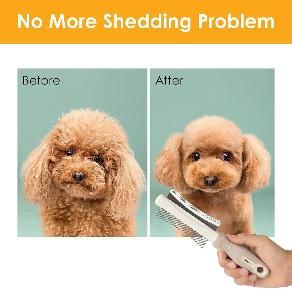 White double-sided pet grooming brush showing comb and deshedding sides, measuring 230mm