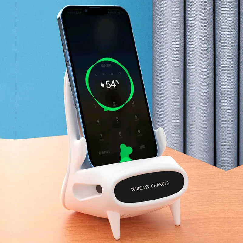 White wireless charging phone stand on a desk, charging a mobile phone at a viewing angle.