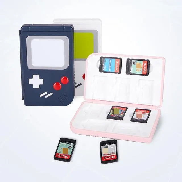 Nintendo Switch game card storage box in blue, pink, or white colour.
