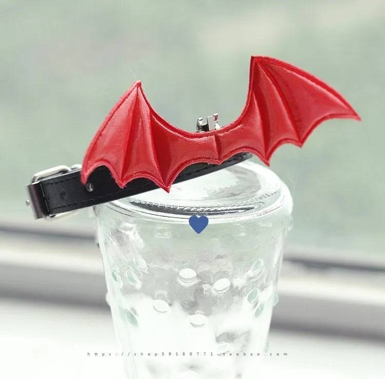 Patent leather satin adult collar with little devil wings and metal bell in multiple colours