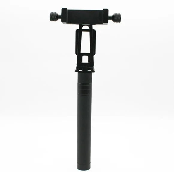 Retractable aluminium selfie stick extended to 1 metre with phone attached and Bluetooth remote in hand