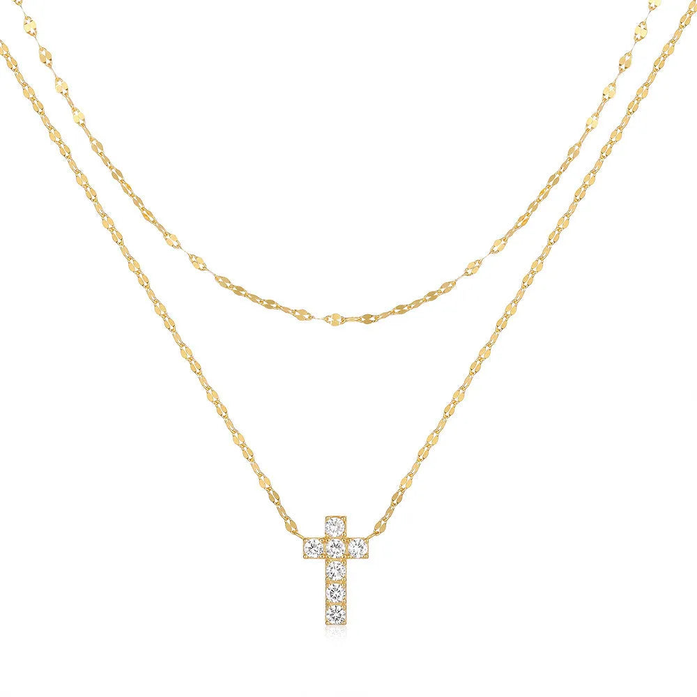 Sterling silver double-layer diamond cross pendant necklace on adjustable clavicle chain