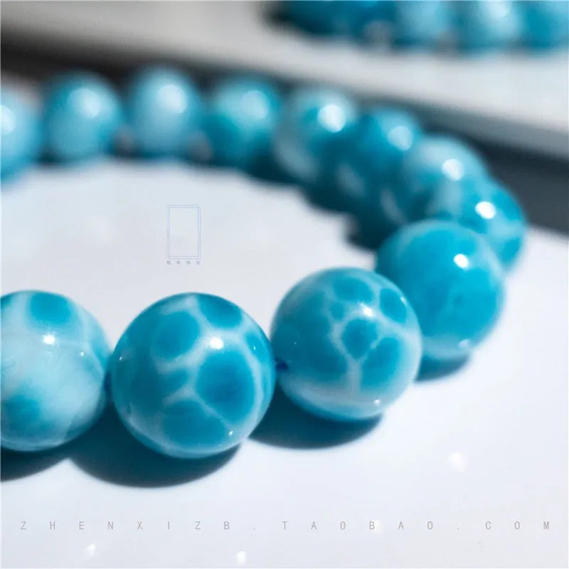 Blue natural bodhi bracelet with crystal sea-pattern stones and pearl accents in Maillard style