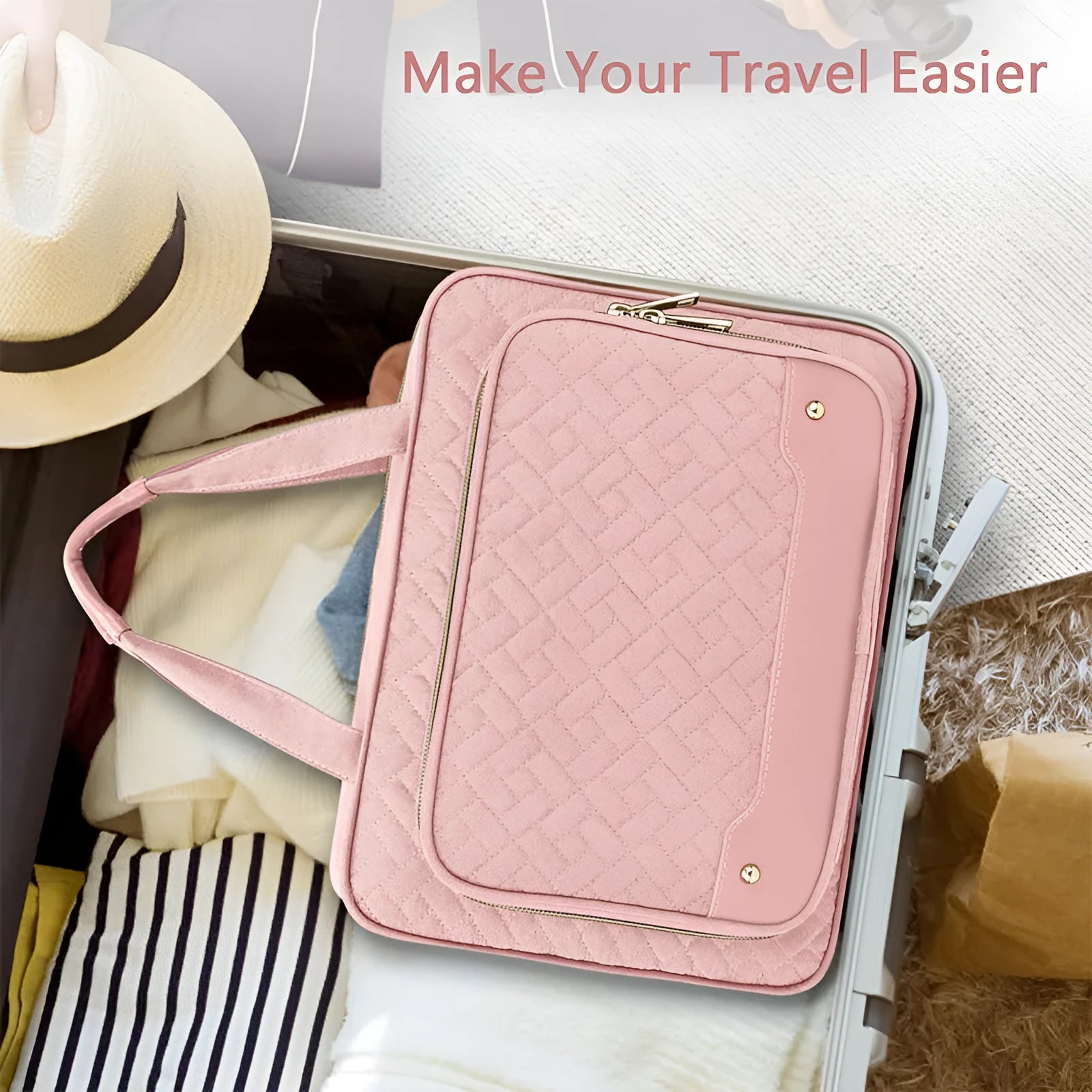 Pink and black waterproof hanging cosmetic storage bag with dimensions 30.5cm by 11cm by 22.9cm