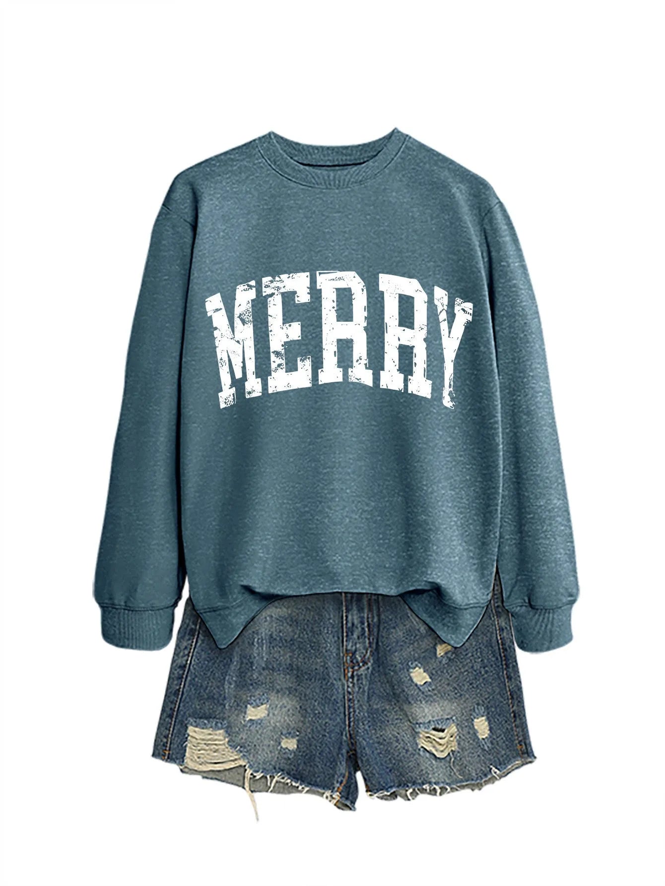 Cotton round neck long sleeve sweater for women in blue with white colour map