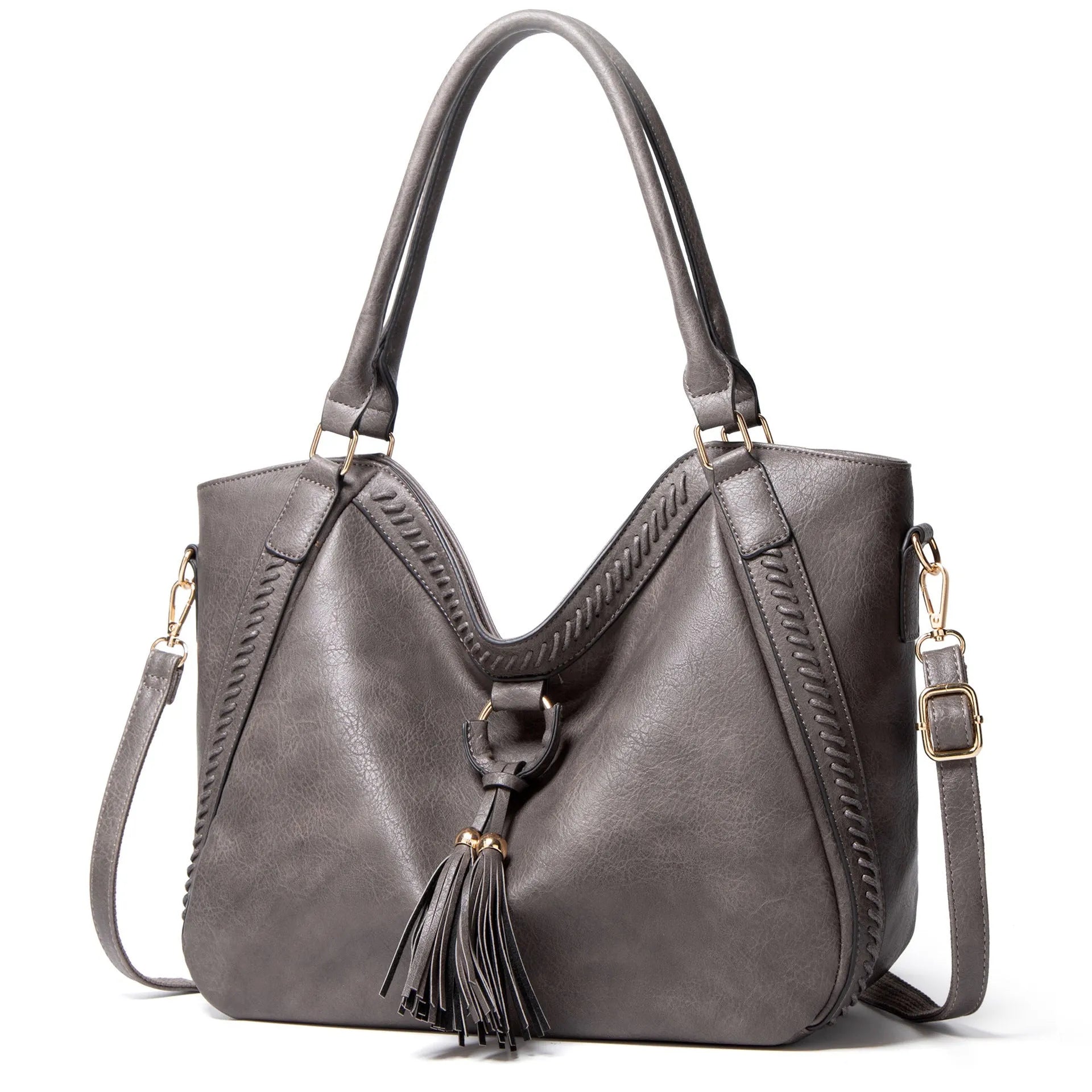 Women's retro PU leather bucket shoulder messenger bag in brown with small bag, placed on a neutral surface showing front view and strap.