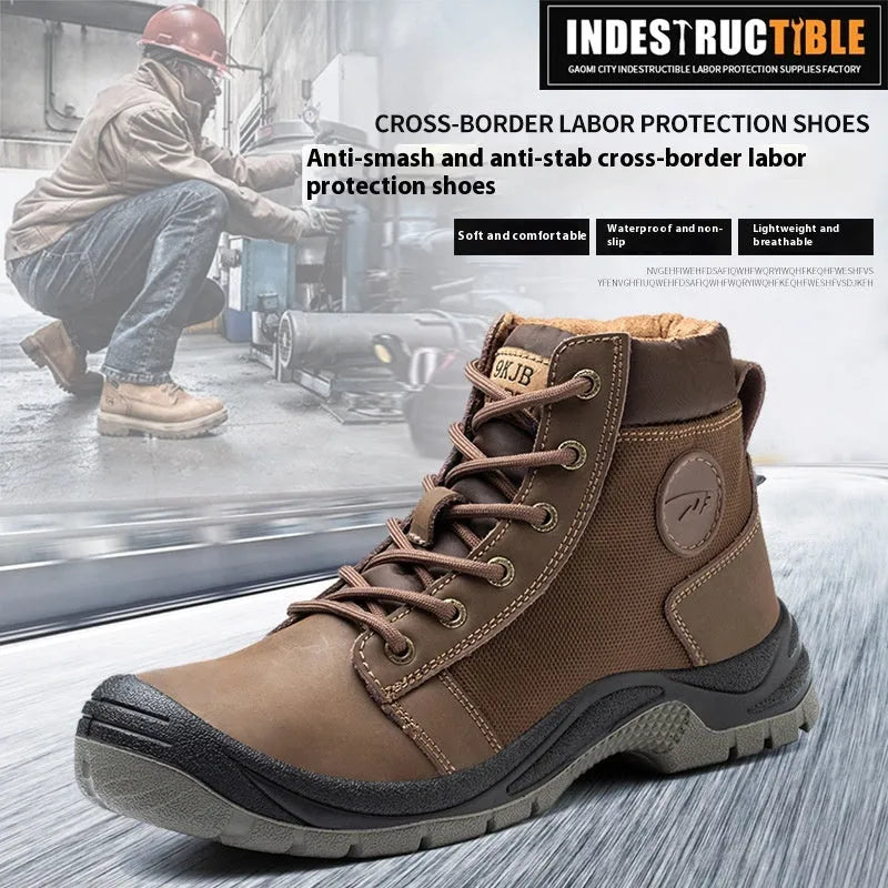 Orange labour protection shoes with leather upper and rubber sole for construction work