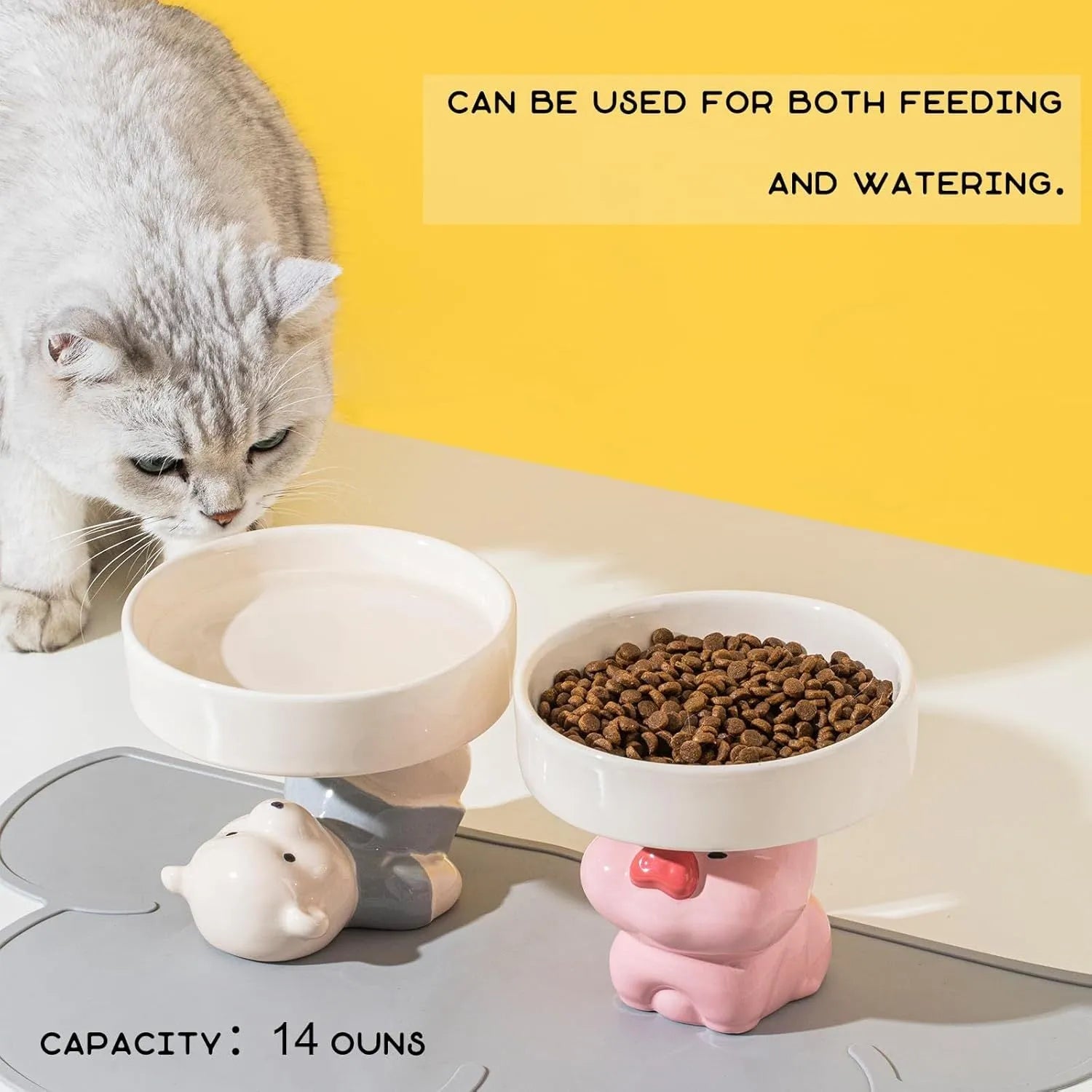 Ceramic raised cat bowl with animal design showing 12.5 cm height and 15 cm width