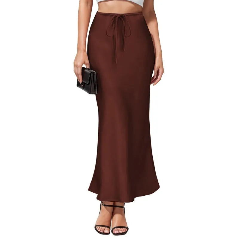 Asymmetric acetate satin skirt with irregular stitching detail in high waist design