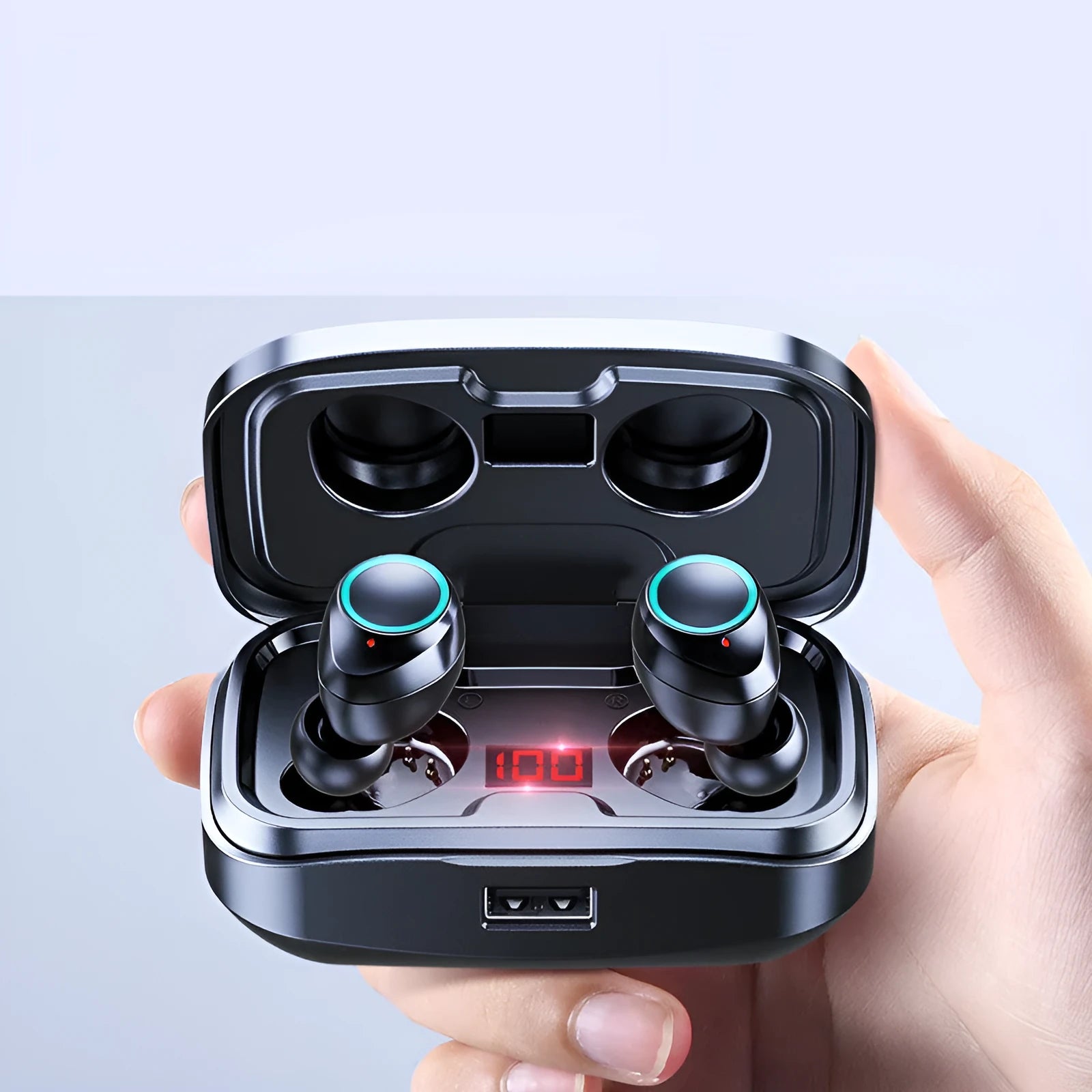 Black wireless in-ear earphones with Bluetooth 5.0 on a white background.