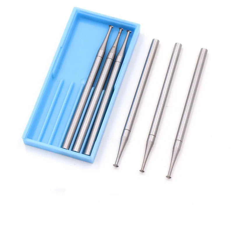 Blue box containing six thin disc needle-shaped tungsten steel carving cutter grinding heads with sizes from 1.0mm to 2.0mm.