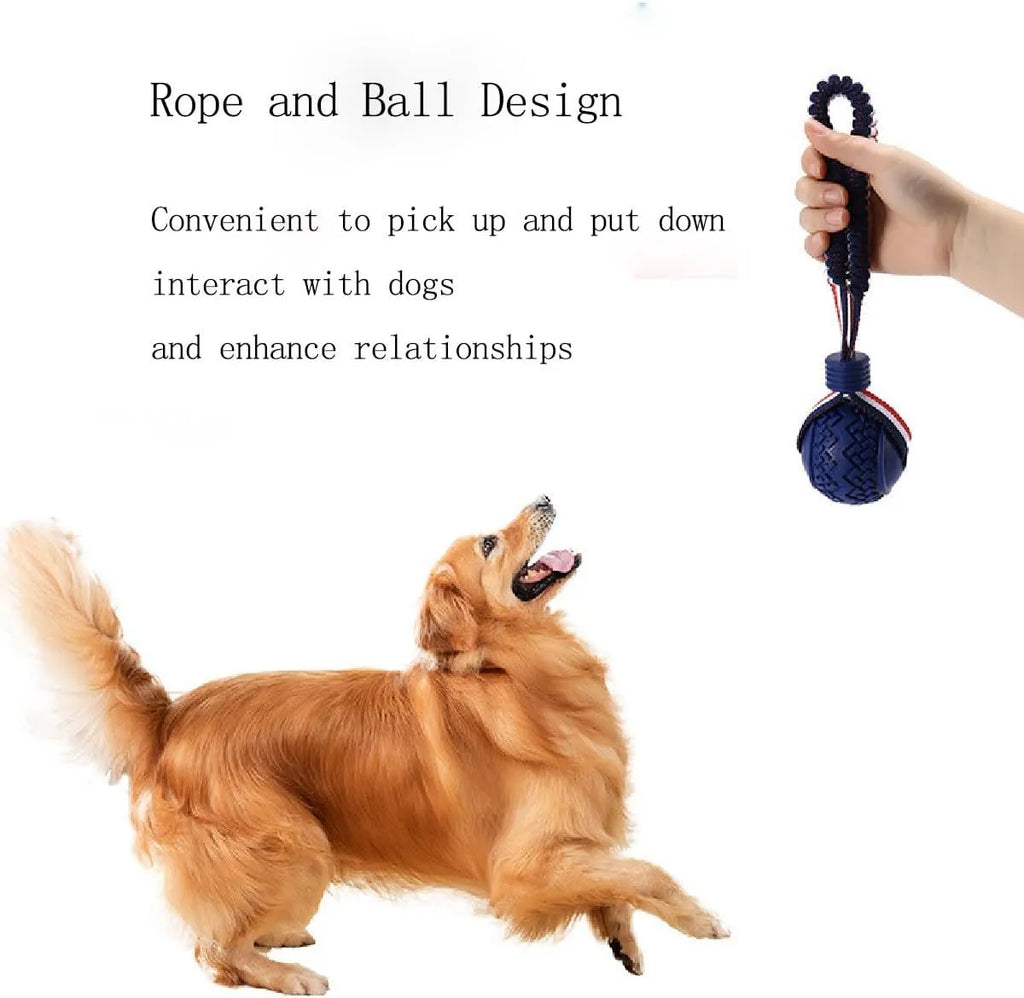 Blue and red durable rubber dog ball attached to a rope toy for small medium dogs